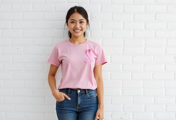 Woman in Pink T Shirt Breast Cancer Awareness Ribbon White Brick Wall Background