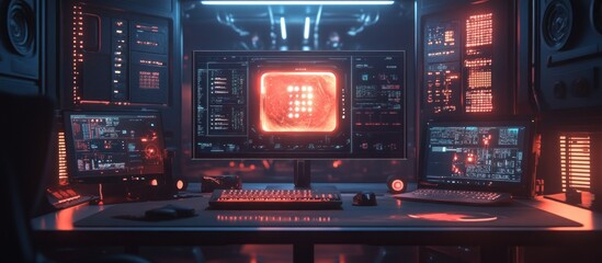 Obraz premium Futuristic computer setup with glowing red screen displaying a network code.