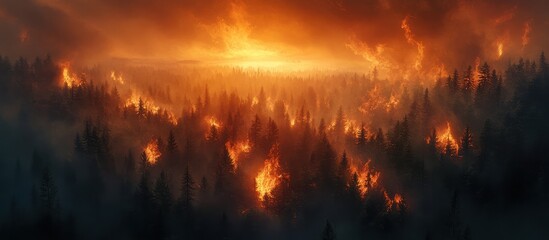 Dramatic Forest Fire with Intense Flames and Smoke Creating a Fiery Landscape Under a Glowing Sky