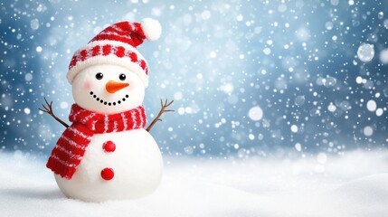 Fototapeta premium Happy snowman standing isolated on white background. Merry christmas and happy new year greeting card. Funny snowman in hat on snowy background. Copy space for text