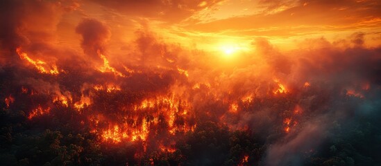 Dramatic Forest Fire at Sunset with Intense Flames and Smoke Creating a Fiery Landscape Under a Vibrant Orange Sky