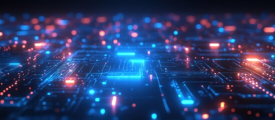 Obraz premium Abstract blue and red glowing lines on a circuit board.