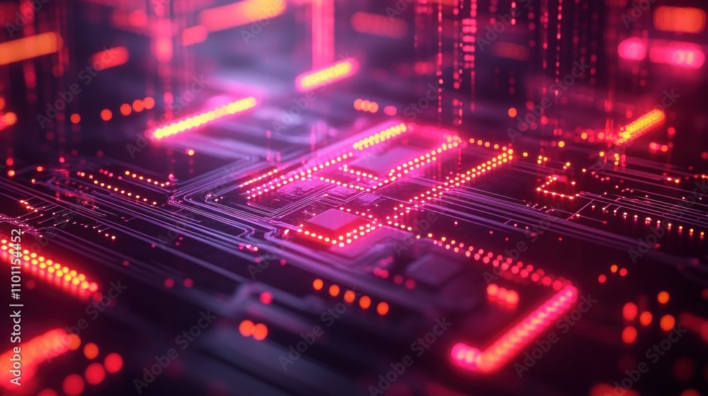 Poster abstract digital circuit board with glowing red lines and a central processor.