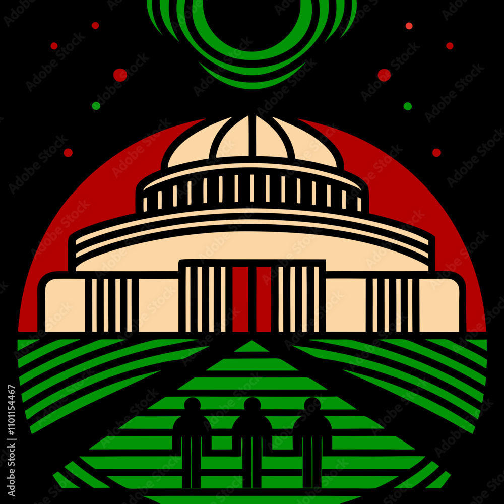 Poster An abstract dome building with a green path and three figures. The vibrant colors and geometric patterns make it a striking and unique digital artwork. Perfect for commercial use and printables design