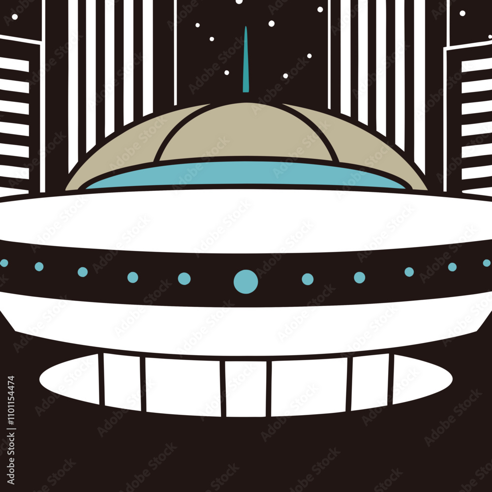 Poster an abstract dome building with a green path and three figures. the vibrant colors and geometric patt