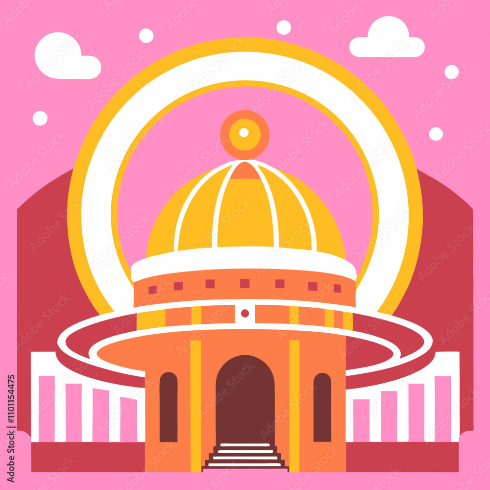 Poster an abstract dome building with a green path and three figures. the vibrant colors and geometric patt
