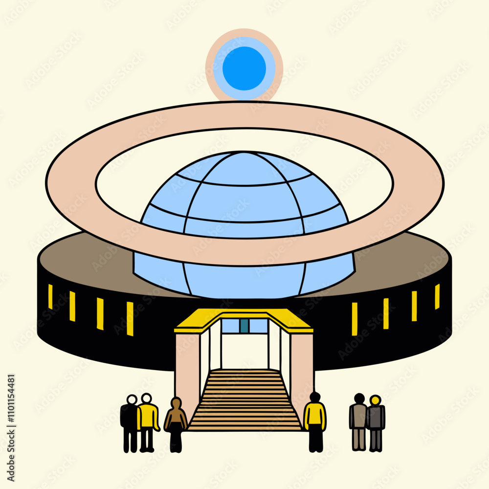 Poster An abstract dome building with a green path and three figures. The vibrant colors and geometric patterns make it a striking and unique digital artwork. Perfect for commercial use and printables design