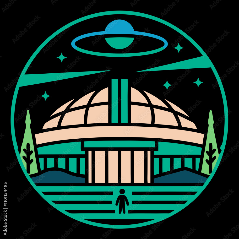 Poster An abstract dome building with a green path and three figures. The vibrant colors and geometric patterns make it a striking and unique digital artwork. Perfect for commercial use and printables design