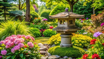 A serene Japanese garden with a temple, stone lanterns, and lush greenery in a peaceful park setting