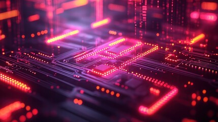 Fototapeta premium Abstract digital circuit board with glowing red lines and a central processor.