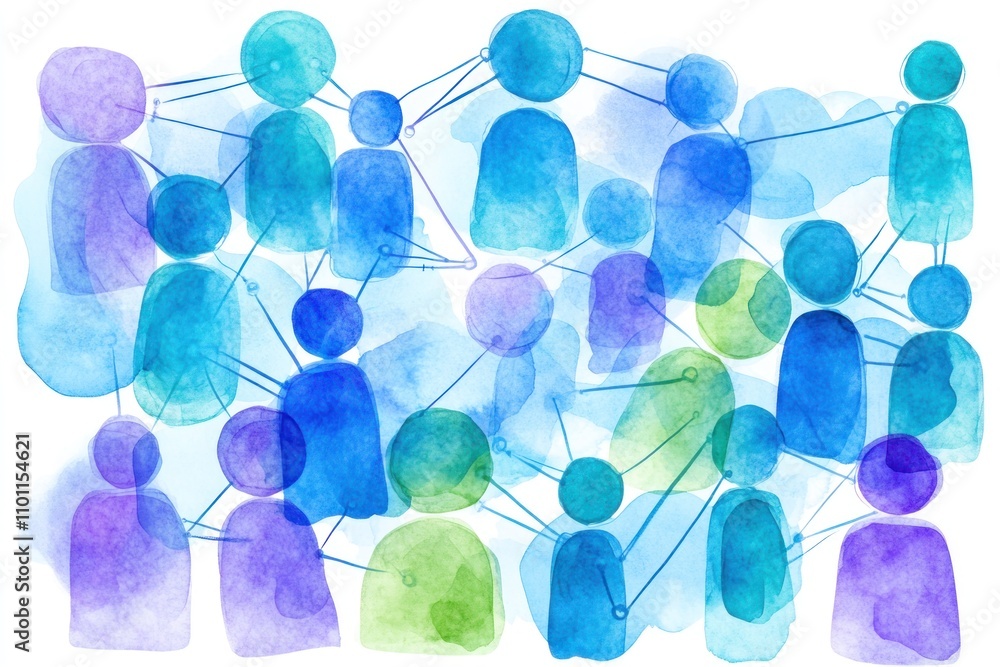 Poster abstract illustration of interconnected figures representing social networks and relationships.