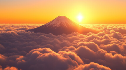 雲海の上に輝く富士山と初日の出