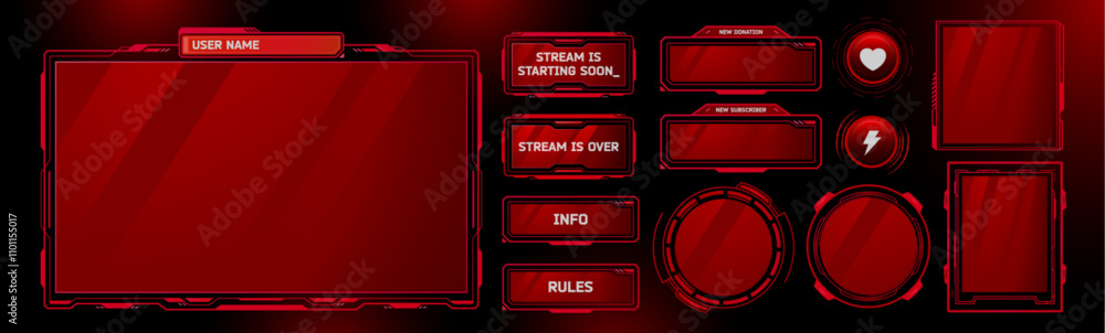 Poster game stream ui frames set isolated on black background. vector realistic illustration of red gradien