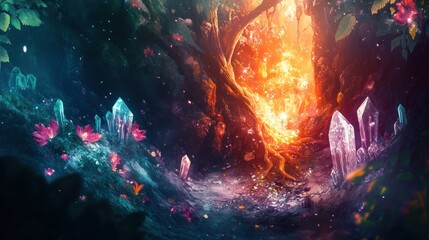Fototapeta premium A vibrant, magical forest scene with glowing crystals and colorful flora.