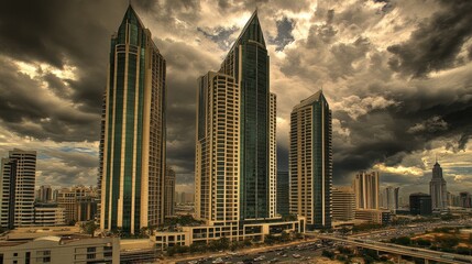 Fototapeta premium Dramatic Cityscape Under Ominous Cloudy Skies in Modern Metropolis