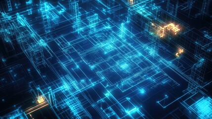 Obraz premium High-tech construction site with glowing blueprints