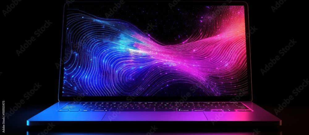 Poster a modern laptop with a glowing colorful abstract design on the screen in a dark setting.