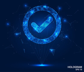 Hologram check mark. Check mark made of polygons, triangles, dots, and lines. Low-poly check mark structure of connections. Technology concept vector.