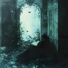 Fototapeta premium Enigmatic Woman Reading in an Overgrown Gothic Room: A Dark, Dreamlike Fantasy