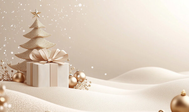 Beige color. christmas background with gift box and snowflakes