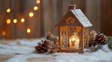 A charming wooden house with a flickering candle inside, evoking a warm and cozy Christmas atmosphere.
