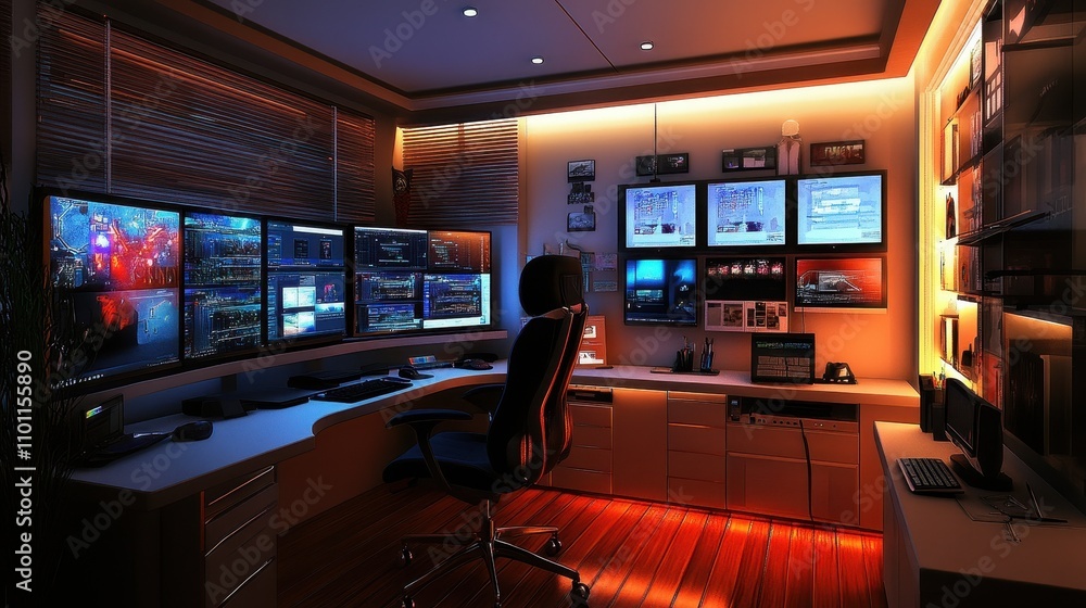 Poster immersive gaming and entertainment setup with multiple displays and lighting