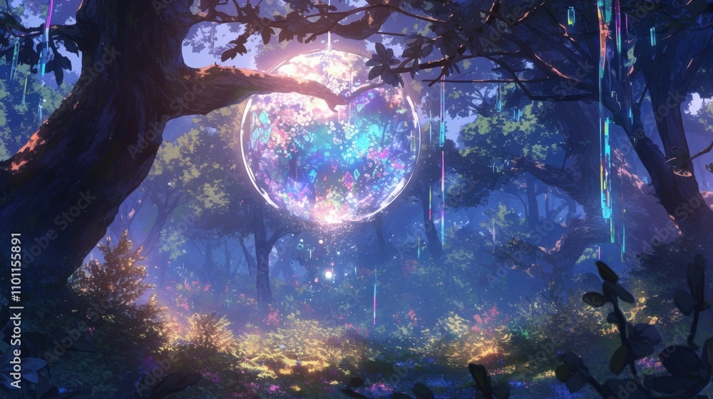 Poster in a dimly lit forest clearing a crystal ball hangs from a tree branch pulsing with rainbowcolored l