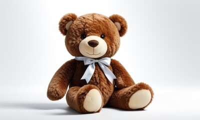 Obraz premium Adorable brown teddy bear with white bow sitting on white background