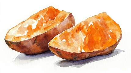 Watercolor painting of two halves of a baked sweet potato, showcasing its orange flesh and brown skin against a white background.