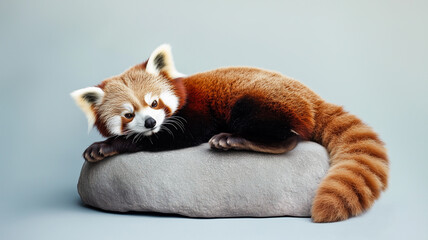 青いグラデーション背景で寝そべるレッサーパンダ