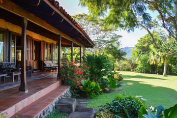 Rustic house with a tiled porch surrounded by vibrant tropical plants, lush garden, and scenic mountain view under clear skies.