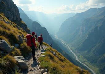 Fototapeta premium Adventurers explore a scenic mountain trail in a breathtaking valley at midday