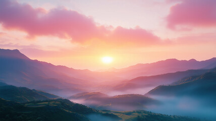 Fototapeta premium 日の出に染まる山脈と穏やかな朝