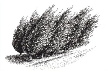 A sketch of trees leaning in one direction, suggesting strong wind or movement.