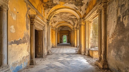 Obraz premium Abandoned Palace Corridor with Ornate Arched Ceilings and Decaying Walls