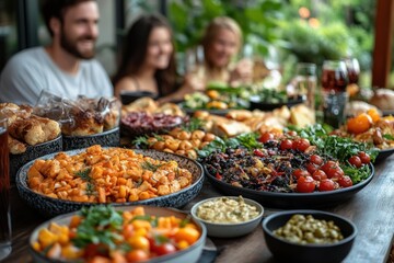Obraz premium A group of friends enjoy a delicious meal together outdoors. The table is spread with a variety of dishes, including roasted vegetables, salads, and bread.