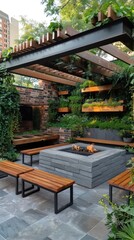 Fototapeta premium Cozy and Inviting Backyard Oasis with Brick Gazebo Structure Wooden Benches and Contemporary Outdoor Furniture Surrounding a Central Fire Pit