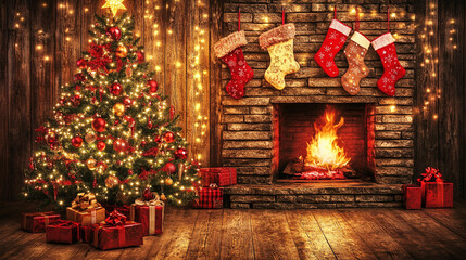 Fototapeta premium Traditional Christmas Setting with Tree and Fireplace