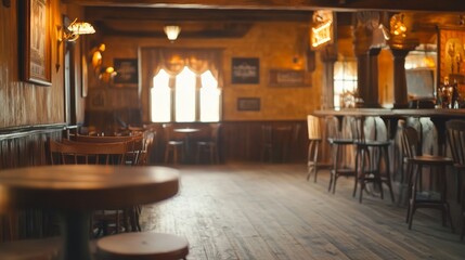 Blurry bokeh lights illuminate the interior of an abandoned wild west saloon bar