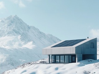 Solar panel house located in a snowy mountainous area