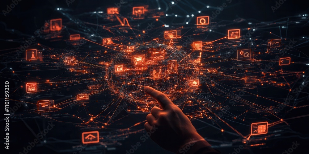 Poster A hand points at a network of glowing, interconnected icons, representing technology, data, and digital interaction in a dark, futuristic setting.