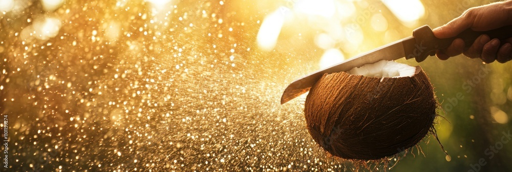 Poster a hand using a knife to open a coconut with water splashing in the sunlight.