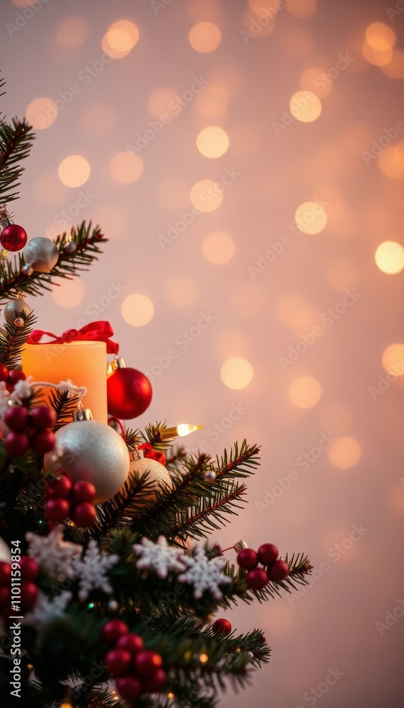 Poster close-up of a decorated christmas tree with candles and bokeh lights in the background.