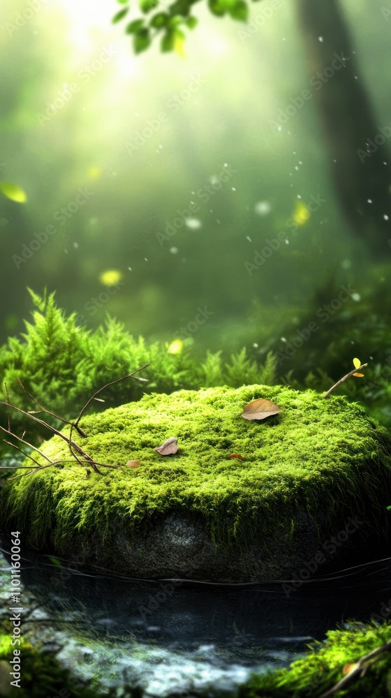 Poster a serene, moss-covered stone in a lush forest, illuminated by soft light and floating particles.