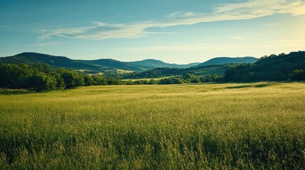 Fototapeta premium Serene Grassland Landscape Under a Blue Sky