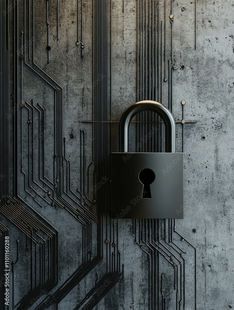 Poster abstract padlock on circuit lines in concrete interior with mock up place. privacy and technology co