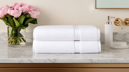 Towels white bath concept. A serene bathroom setup featuring neatly stacked white towels next to a vase of pink peonies and elegant toiletries on a marble countertop.