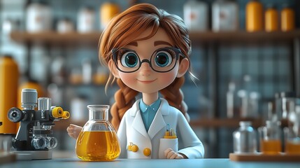 cartoon female analyst with chemical vessel rendering