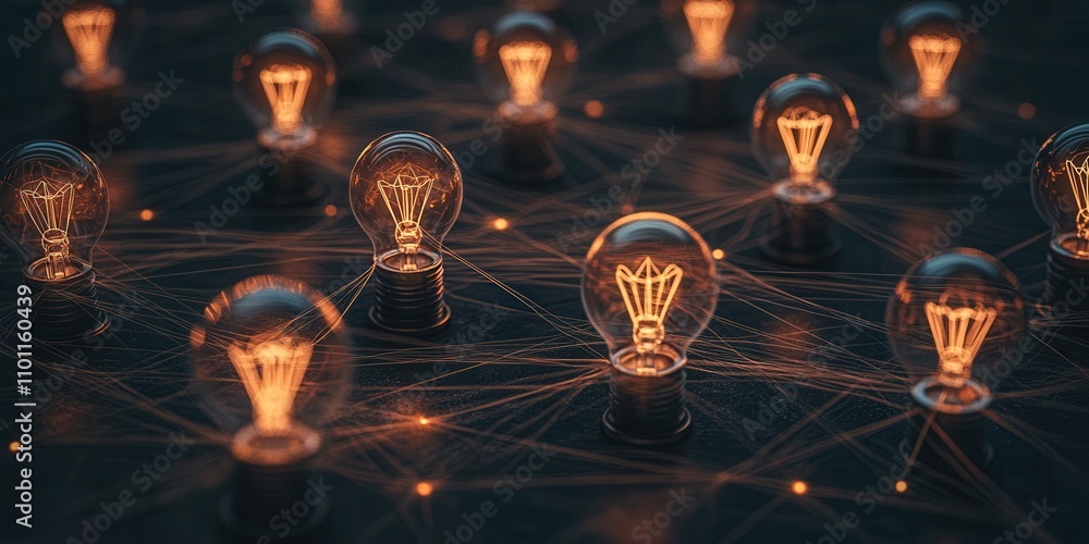 Poster a visually striking arrangement of glowing light bulbs interconnected by delicate lines, symbolizing