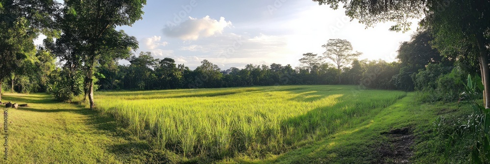 Poster panoramic view of a lush green paddy field surrounded by trees under a partly cloudy sky.